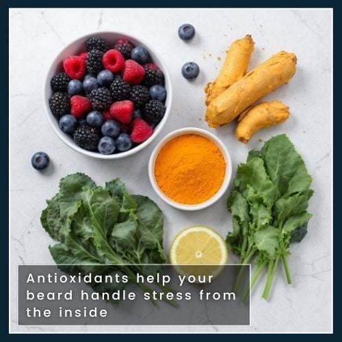 Antioxidant-rich foods like berries, turmeric, and leafy greens shown for beard support