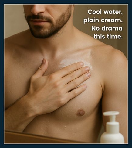 Man applying fragrance-free moisturiser after rinsing hair removal cream