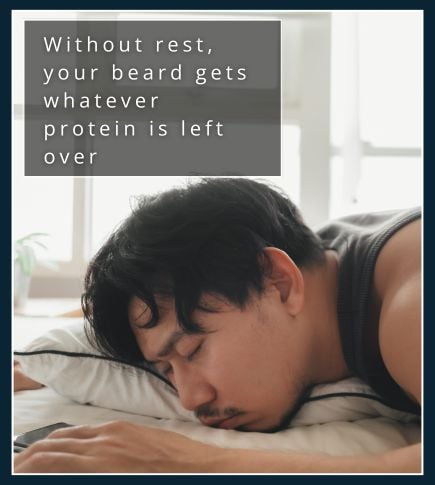 Tired man lying on bed with hand on face showing poor sleep and beard