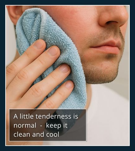 Close-up of man holding a cold compress to red skin after electrolysis on beard area