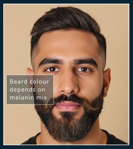 Close-up of a Middle Eastern man’s beard showing a natural mix of dark, reddish, and lighter strands against a beige background
