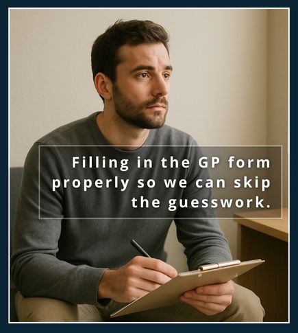 A man is sitting calmly in a doctors waiting room, looking thoughtful while holding a health form, symbolising being honest on the form. So they can actually help.