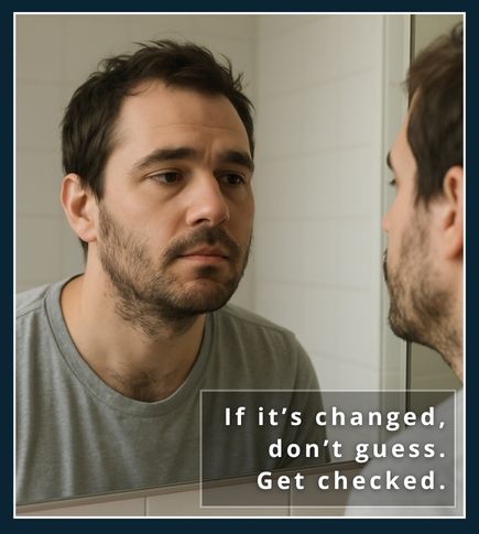 Man examining uneven beard growth in mirror with thoughtful expression