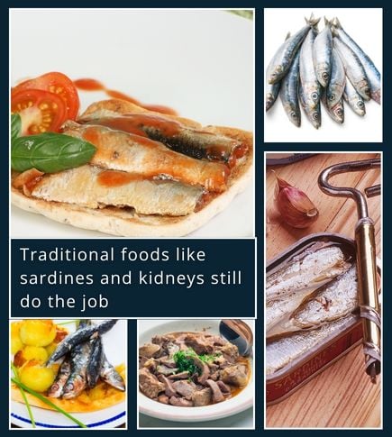 Plate with sardines, kidneys, and pilchards for iron and B12 to support beard growth
