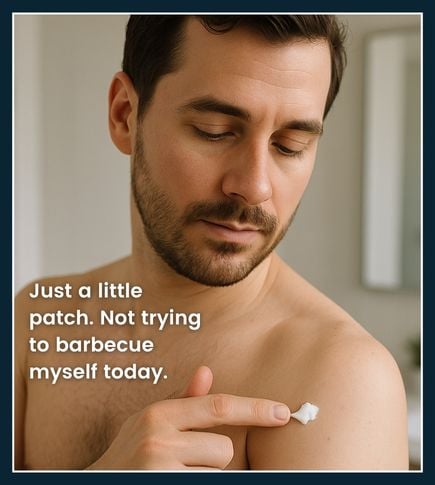 Man applying a small amount of depilatory cream to his shoulder for patch testing