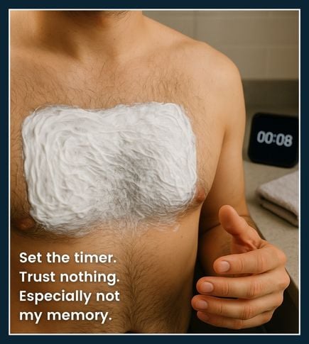 Depilatory cream sitting thickly on clean dry skin with timer in background