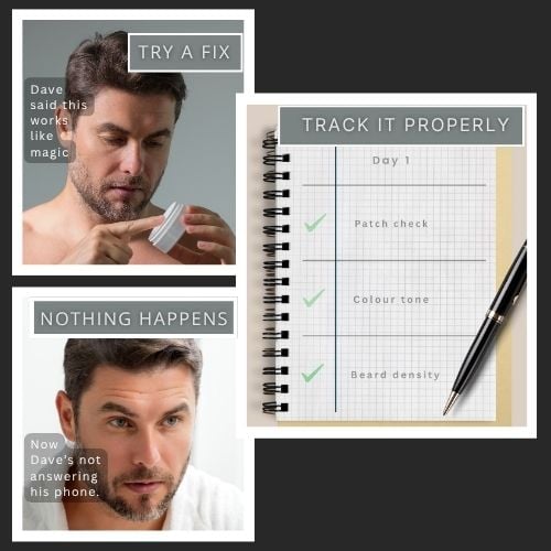 A three-panel image showing a man trying a beard product, seeing no result, and then tracking his progress in a journal