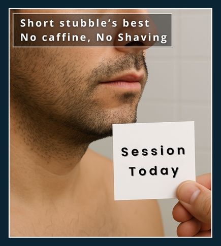 Man with short facial stubble preparing for electrolysis session, holding reminder card