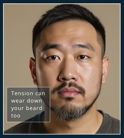 man with a slightly dull beard and a tense jawline, hinting at stress-related beard changes, against a beige background