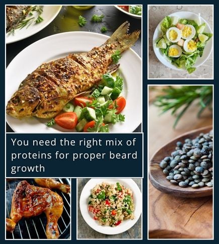 Protein-rich foods like eggs, fish, lentils, and quinoa for beard growth support