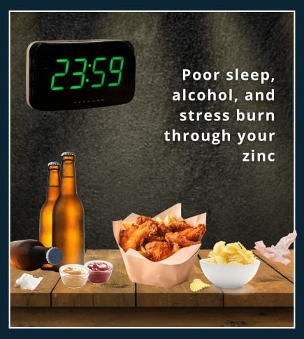 Late-night setup with beer bottles and takeaway meal showing zinc-depleting habits