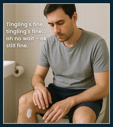 Man checking his skin during hair removal cream use