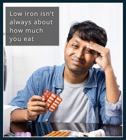 Man holding iron supplement bottle and looking concerned, showing beard health issues