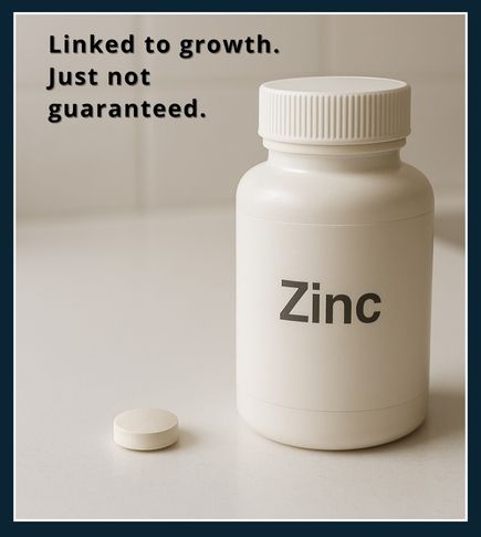 Single zinc tablet next to plain bottle on white surface