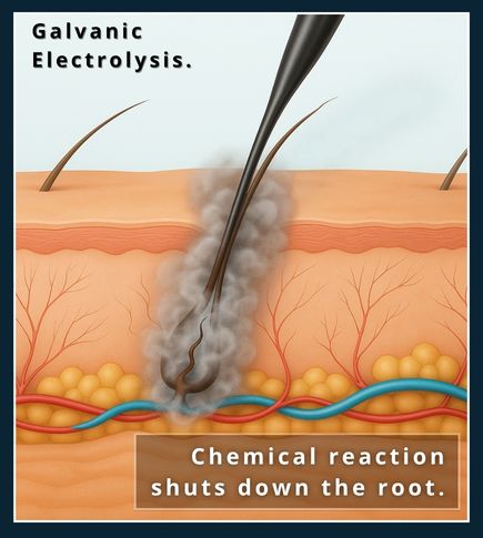 infographic illustrating the chemical reaction of galvanic electrolysis hair removal