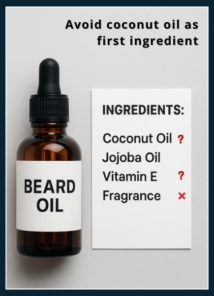 Beard oil bottle beside an ingredients sheet with ‘Coconut Oil’ at the top with a red question mark next to it. illustrating that high concentrations of coconut oil in beard oil may cause skin issues