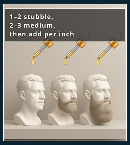 Three beard bust silhouettes on a shelf with pipettes dripping 1, 2, and 3 drops of oil over stubble, medium, and long beard models