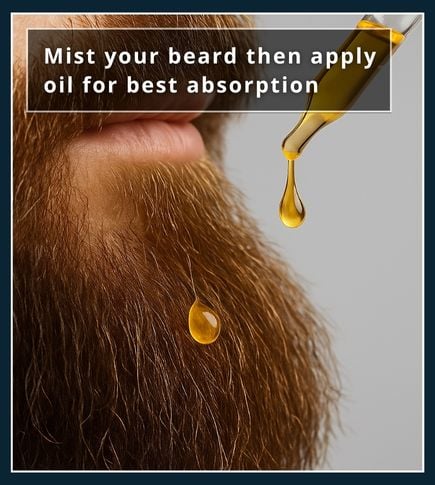Close‑up of damp beard hairs with small water droplets and a pipette releasing a drop of oil