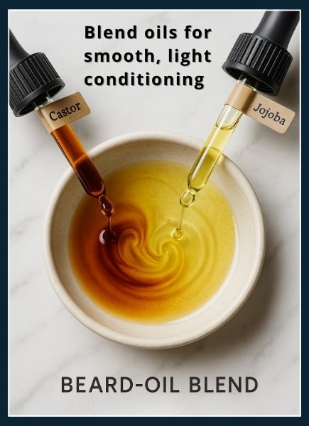 Two glass droppers adding castor and jojoba oil into a small ceramic bowl on a marble countertop