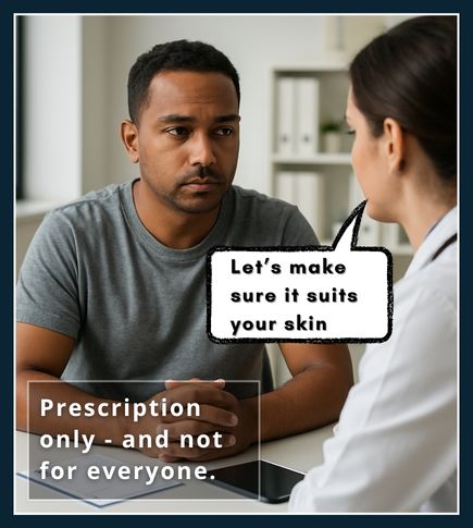 Man sitting with a GP, discussing suitability of prescription cream like Vaniqa