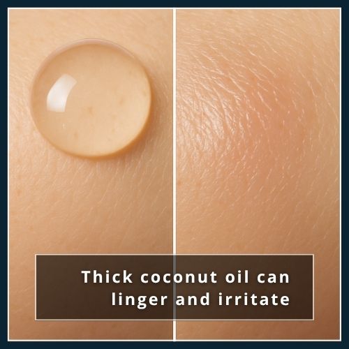 Two-panel macro: left panel shows thick coconut oil pooling on skin, right panel shows the same spot with a shiny residue and slight redness
