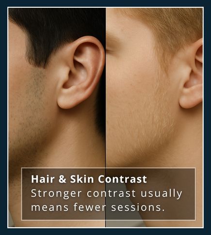 Side-by-side close-up of two jawlines: one with fair skin and dark hair, the other with fair skin and light blond hair. Clear difference in visibility of the hair.
