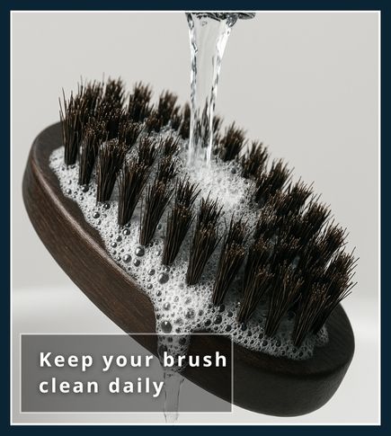 Close-up of a boar-bristle beard brush under running water with soap suds on the bristles