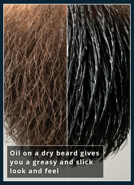 Close‑up of a man’s medium‑length beard appearing overly shiny and clumped after too much oil