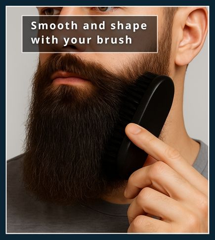 Man using a boar-bristle brush to shape and smooth his beard, lifting hair for volume
