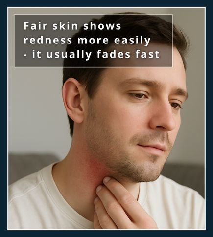 Man with fair skin showing mild redness on neck after laser hair removal, common temporary reaction
