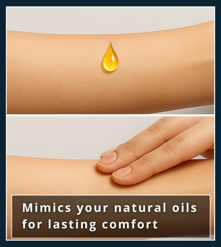 illustration: 1) jojoba oil drop on skin, 2) hand rubbing oil in