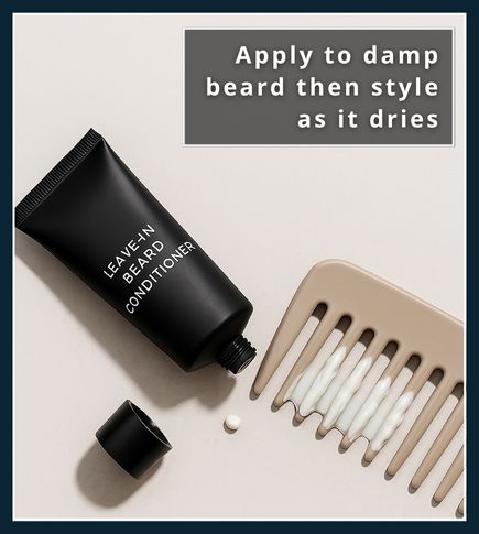 Flat-lay of a tube of leave-in beard conditioner next to a wide-tooth comb with a small amount of cream coating its teeth
