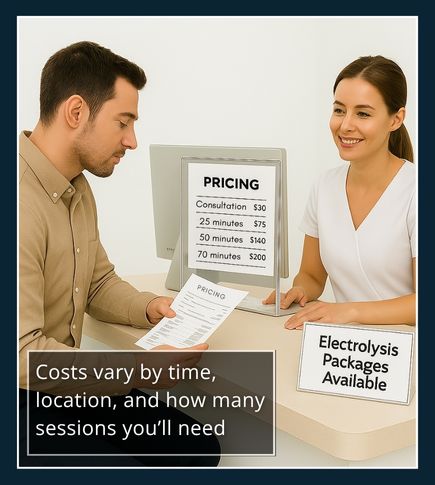 A man sits at a modern clinic reception desk reviewing a pricing sheet for electrolysis treatment, with a visible sign offering package deals.