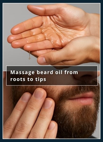 Macro shot of one hand’s fingertips pressing into the beard at the jawline, working oil into the skin beneath the hairs.