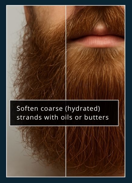 Split macro: left shows rough, frizzy beard hairs; right shows the same hairs smoothly coated in beard butter