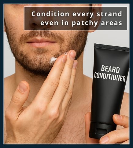 Man with a patchy beard applying a small dollop of conditioner to his sparse facial hair