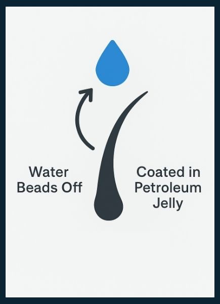 Diagram of a water droplet bouncing off a coated beard hair strand