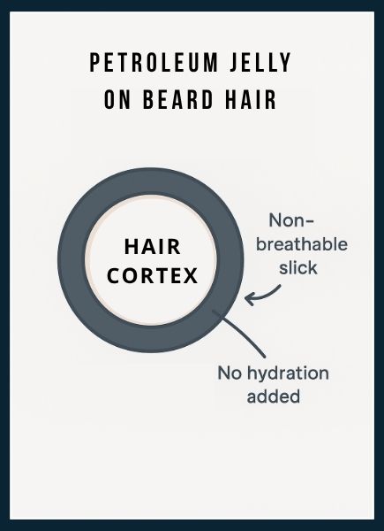 Diagram showing a hair strand cross‑section coated in a thick layer of petroleum jelly with a dry core beneath