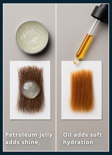 Left shows a tin of petroleum jelly sitting atop coarse beard fibers; right shows a dropper of beard oil poised above soft, shiny beard fibers