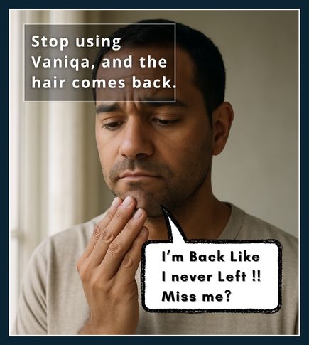 Man touching chin with early stubble, showing facial hair returning after stopping Vaniqa