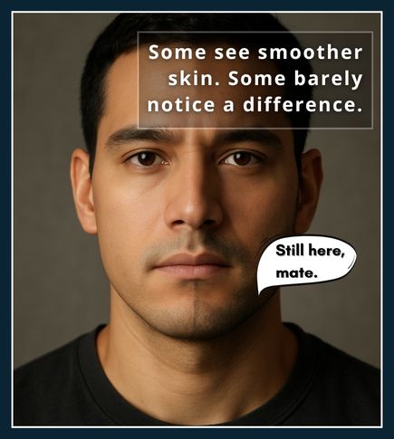 Split face image showing smooth skin on one side and stubble on the other, representing mixed results with Vaniqa