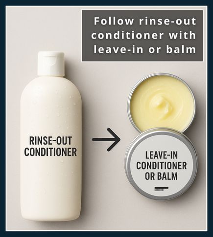 Flat-lay of a rinse-out conditioner bottle with an arrow pointing to a balm tin and comb for follow-up care