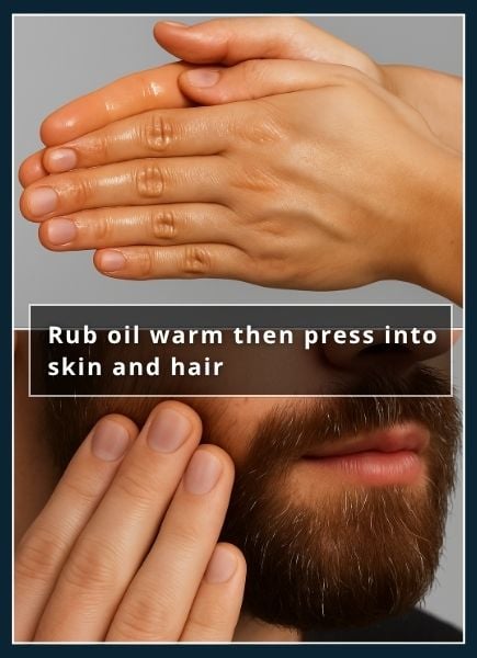 Top half shows hands rubbing beard oil between palms; bottom half shows fingertips pressing oil into beard hair at the skin