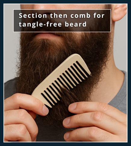 Close-up of hands parting a long beard into sections with fingers while holding a wide-tooth comb at the tips