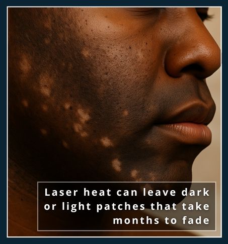 A close-up of a Black man's face showing patchy pigmentation after an unsafe hair removal treatment.