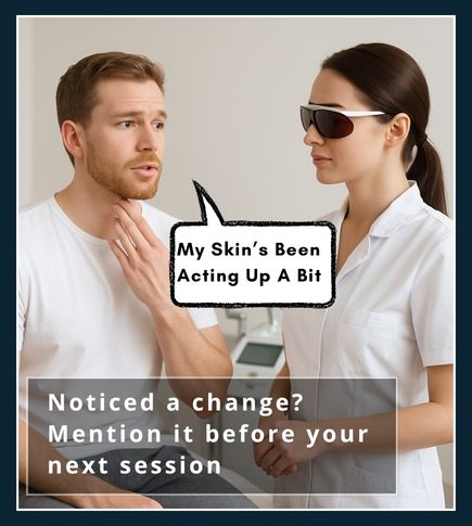 Fair-skinned man speaking to a laser technician about irritation or side effects between laser sessions