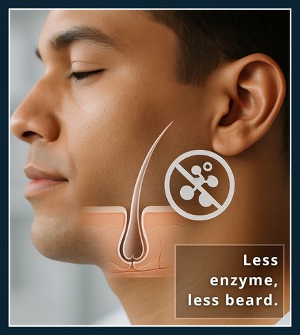 Close-up of a man’s smooth jawline with a digital overlay showing slowed facial hair follicle activity