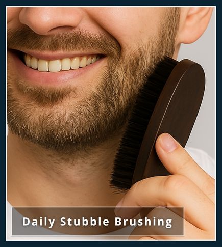 Front-facing man with short stubble brushing his beard with a boar-bristle brush, with the words ‘Daily Brush’ overlaid at the top