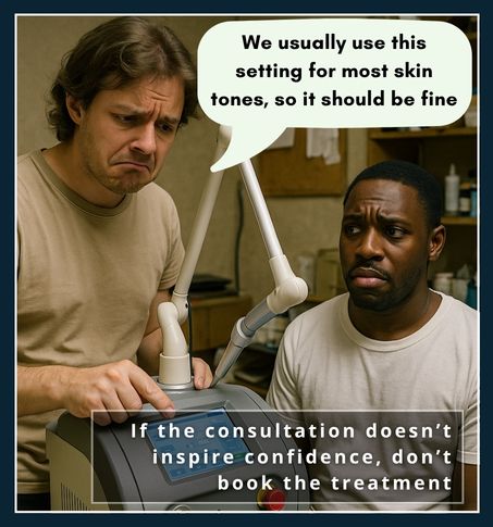 A hesitant technician in an unprofessional setting adjusting a laser device as a Black male client looks unsure.