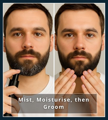 Two-panel square: left shows a close-up of a man misting his beard with water, right shows him smoothing in a cream on damp facial hair